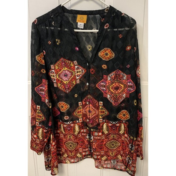 Ruby Rd Semi-Sheer Black Multi-color Geometric Print V-Neck Blouse Sz 14 - Picture 1 of 7